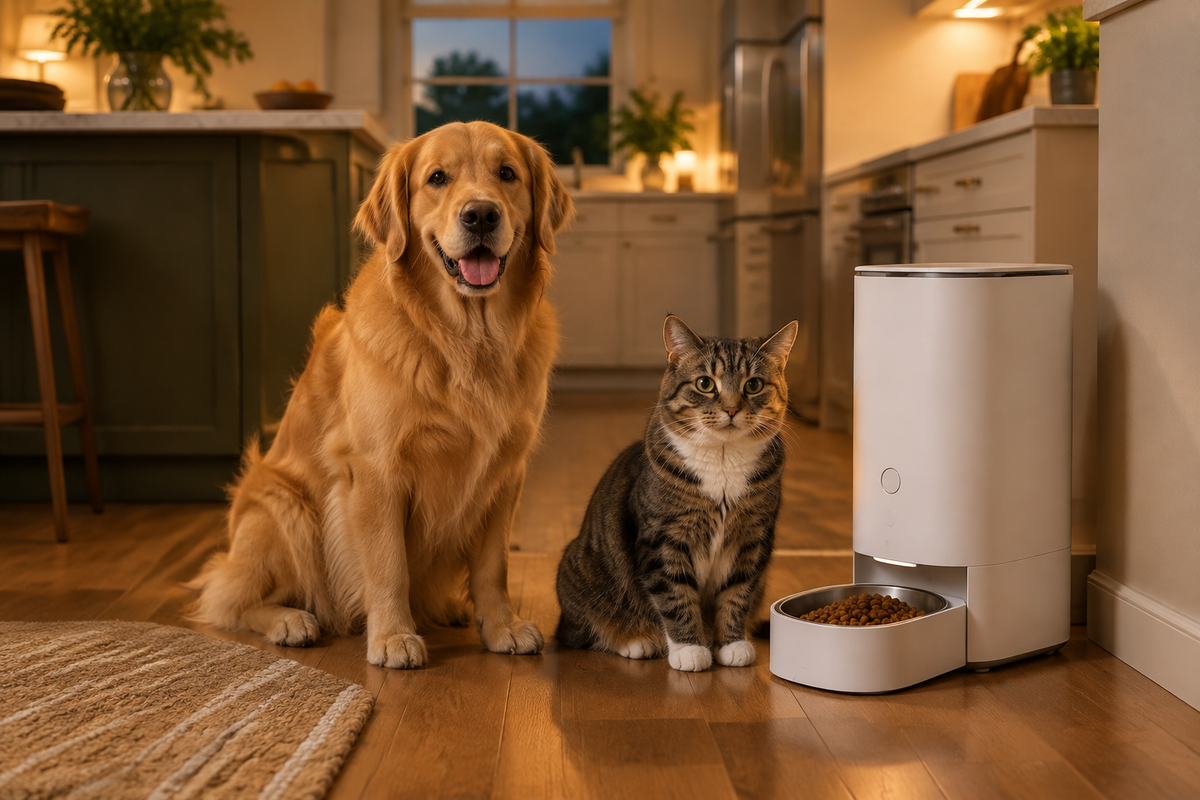 Dog and cat sitting beside a pet feeder in a modern kitchen