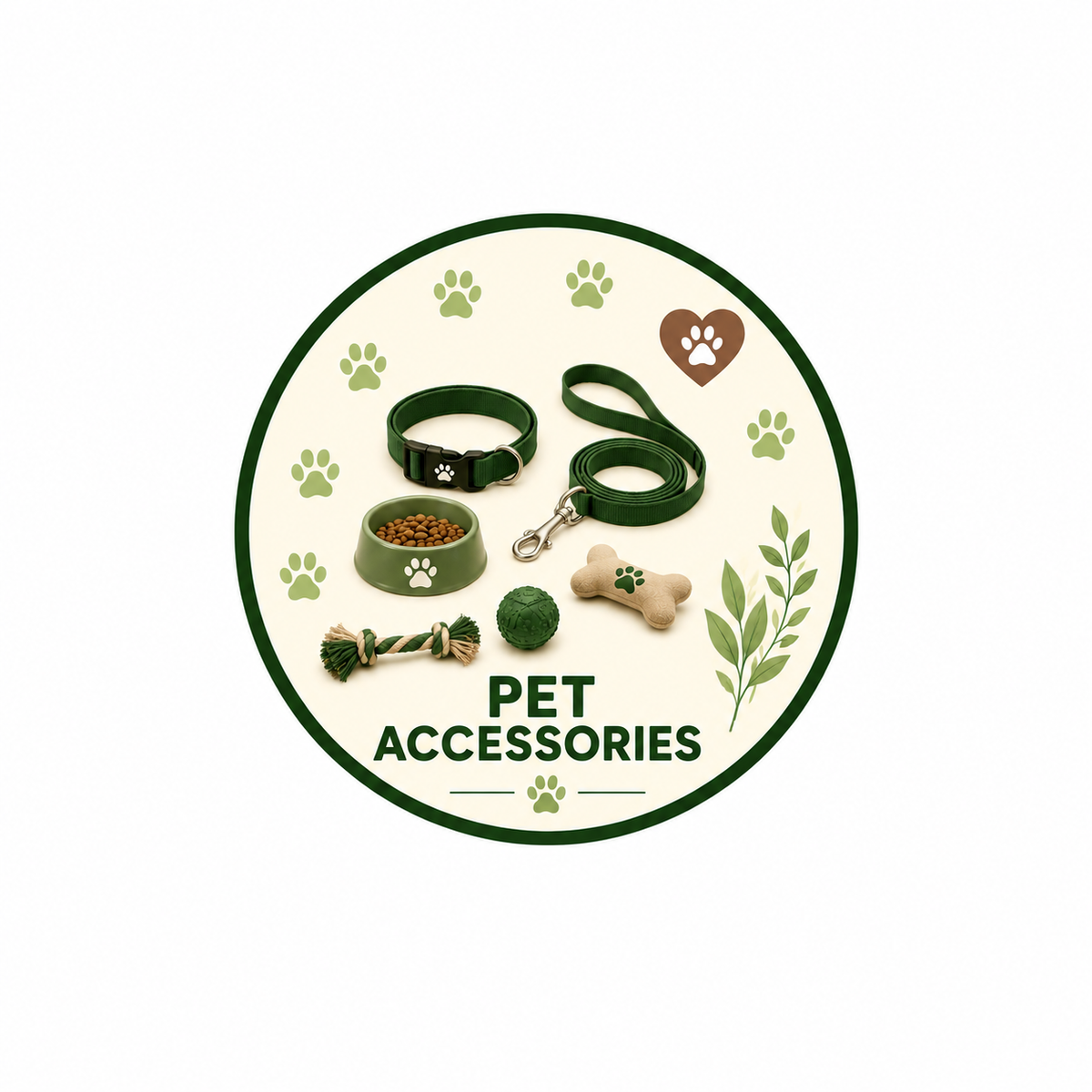 Pet accessories collection badge featuring collar, leash, food bowl, toys and pet products with green paw prints, heart paw icon, botanical leaves and PET ACCESSORIES text.
