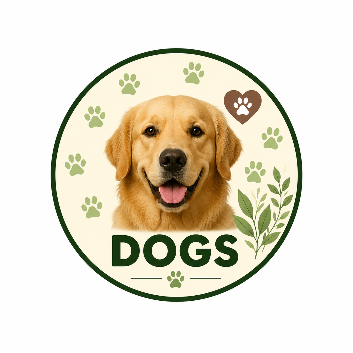 Cute golden retriever dog face inside a cream circular badge with dark green border, green paw prints, heart paw icon, botanical leaves and bold DOGS text on white background.