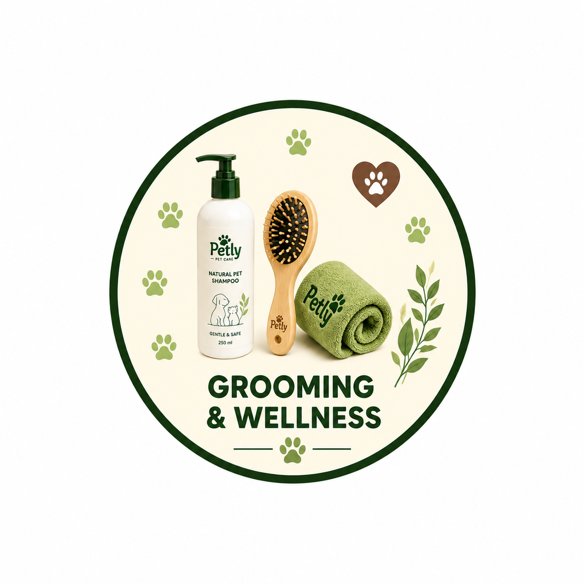 Pet grooming and wellness badge featuring Petly shampoo bottle, wooden brush and green towel with paw prints, botanical leaves, heart paw icon and GROOMING & WELLNESS text.
