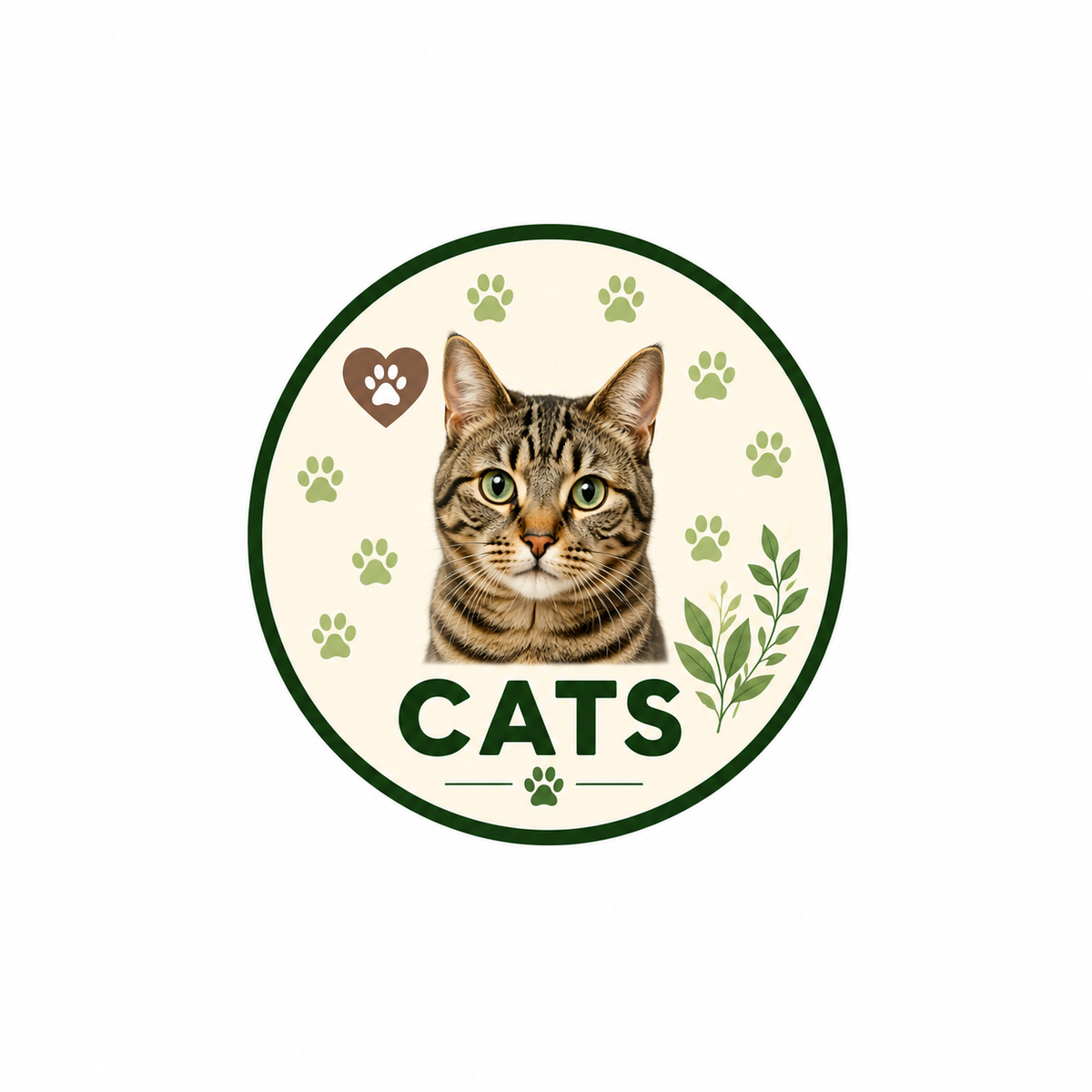 Cute tabby cat face inside a cream circular pet badge with dark green border, green paw prints, heart paw icon, botanical leaves and bold CATS text on white background.