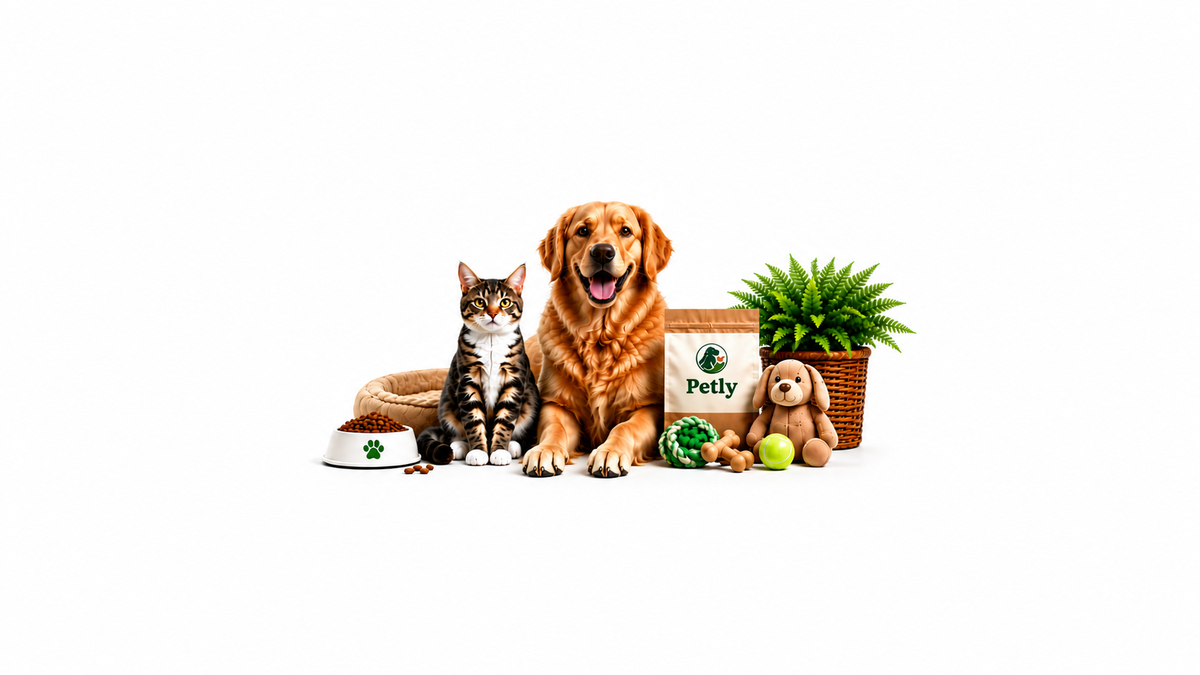 A golden retriever dog and a tabby cat sit together on a white background with pet products around them, including a bag labeled Petty, a bowl, a toy, a teddy bear, and a small potted plant.