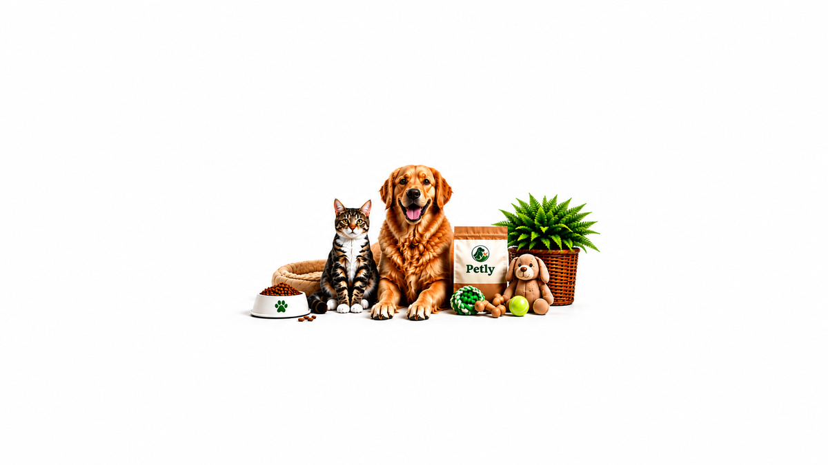 A golden retriever dog and a tabby cat sit together on a white background, flanked by a pet bowl, a woven mat, a box labeled Petly, a small plush toy, a stuffed animal, and a potted plant.
