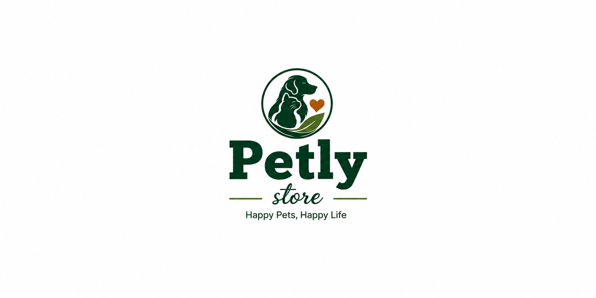 A centered Petly store logo on a plain white background, featuring a dark green dog silhouette inside a circle with a small orange heart and green leaf, plus the text 'Petly store' and 'Happy Pets, Happy Life'.