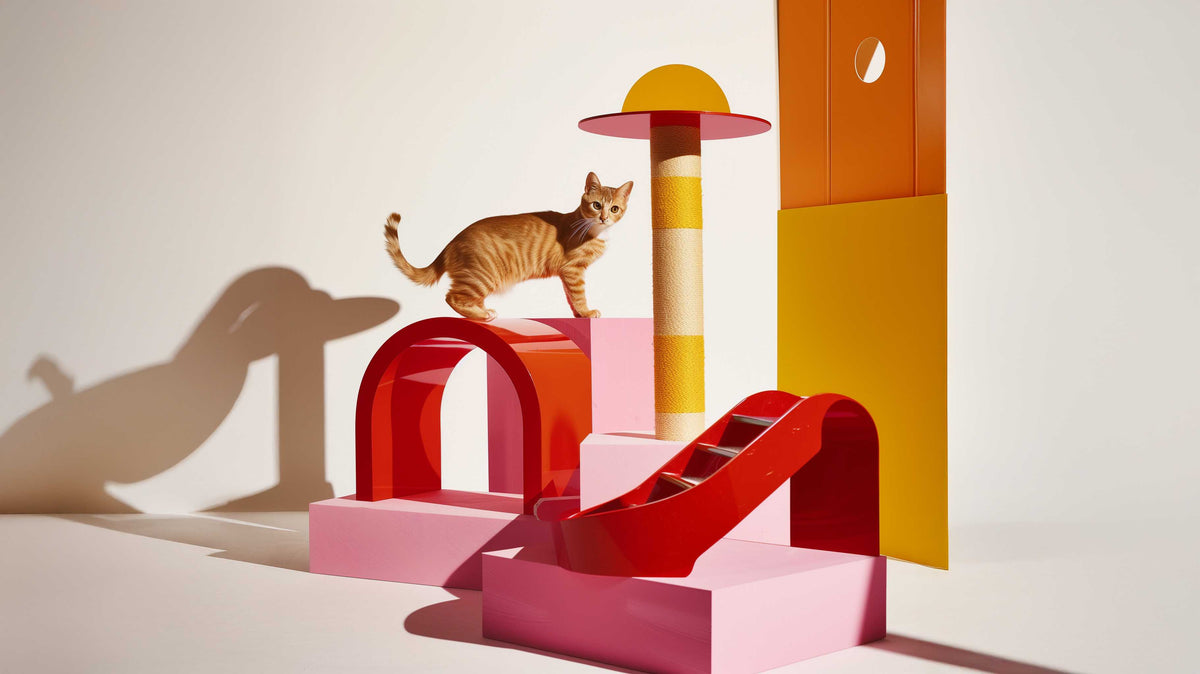 Happy dog and cat enjoying modern pet care products at home.