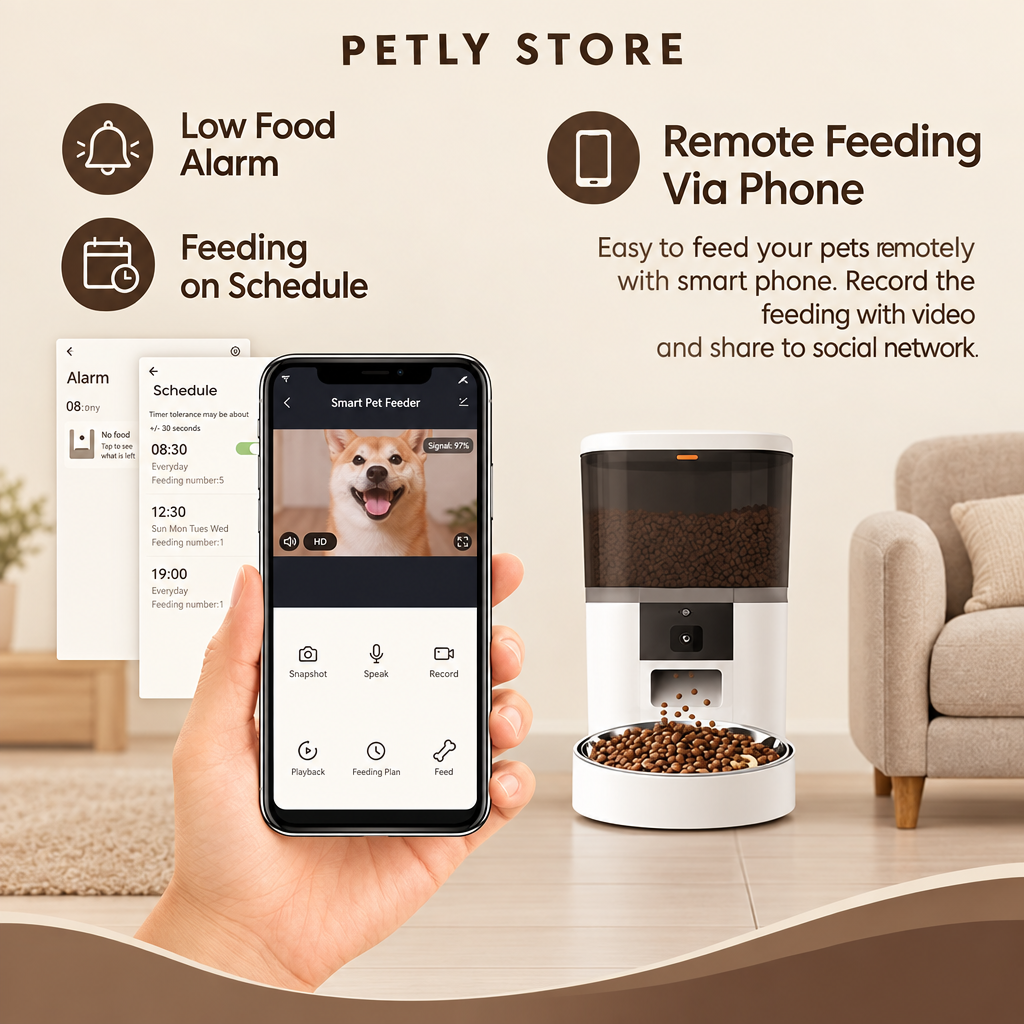 Warm-branded app and remote-feeding infographic